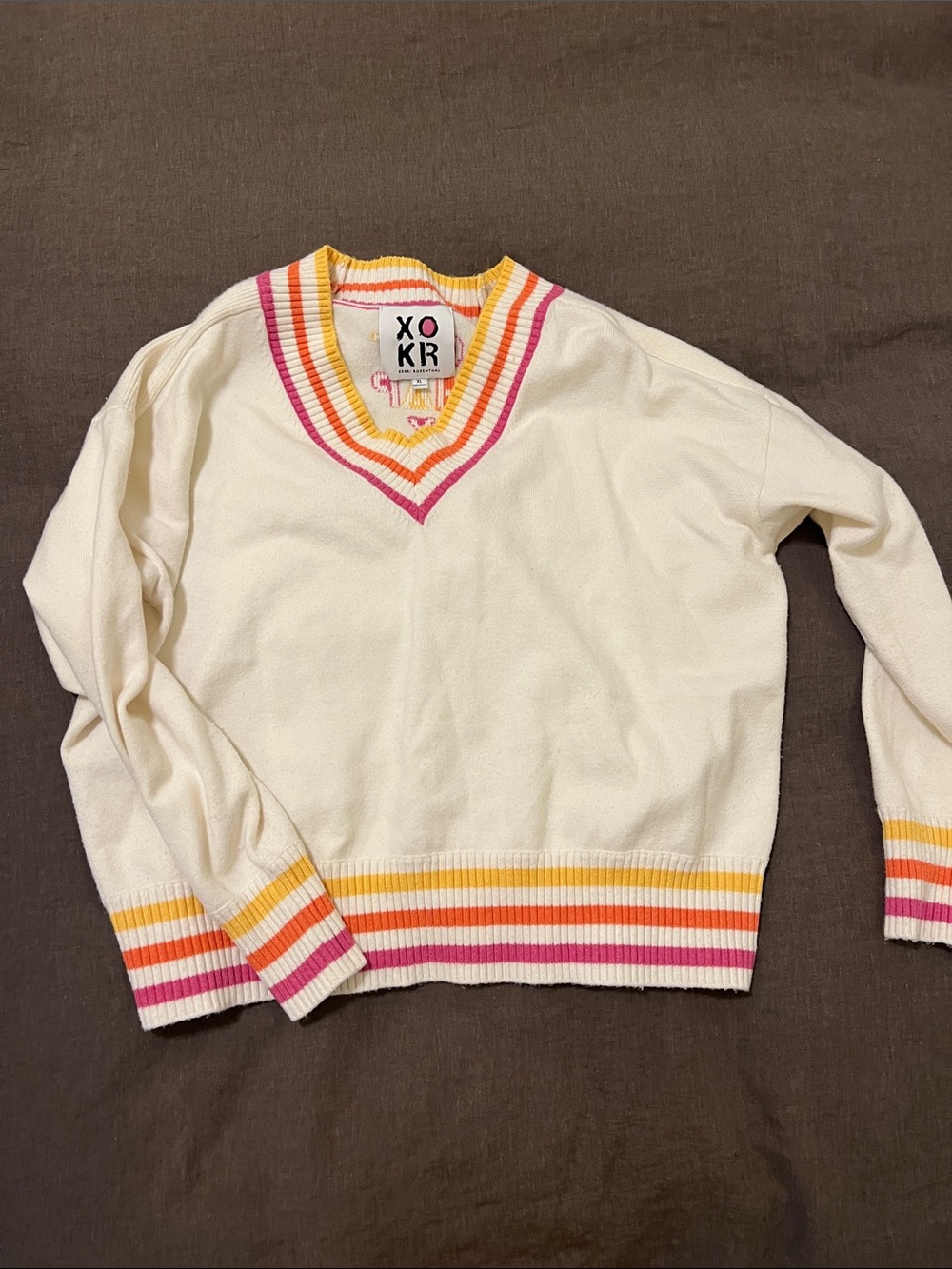 XOKR Cream V-Neck Sweater with Pink, Orange & Yellow Stripe Trim